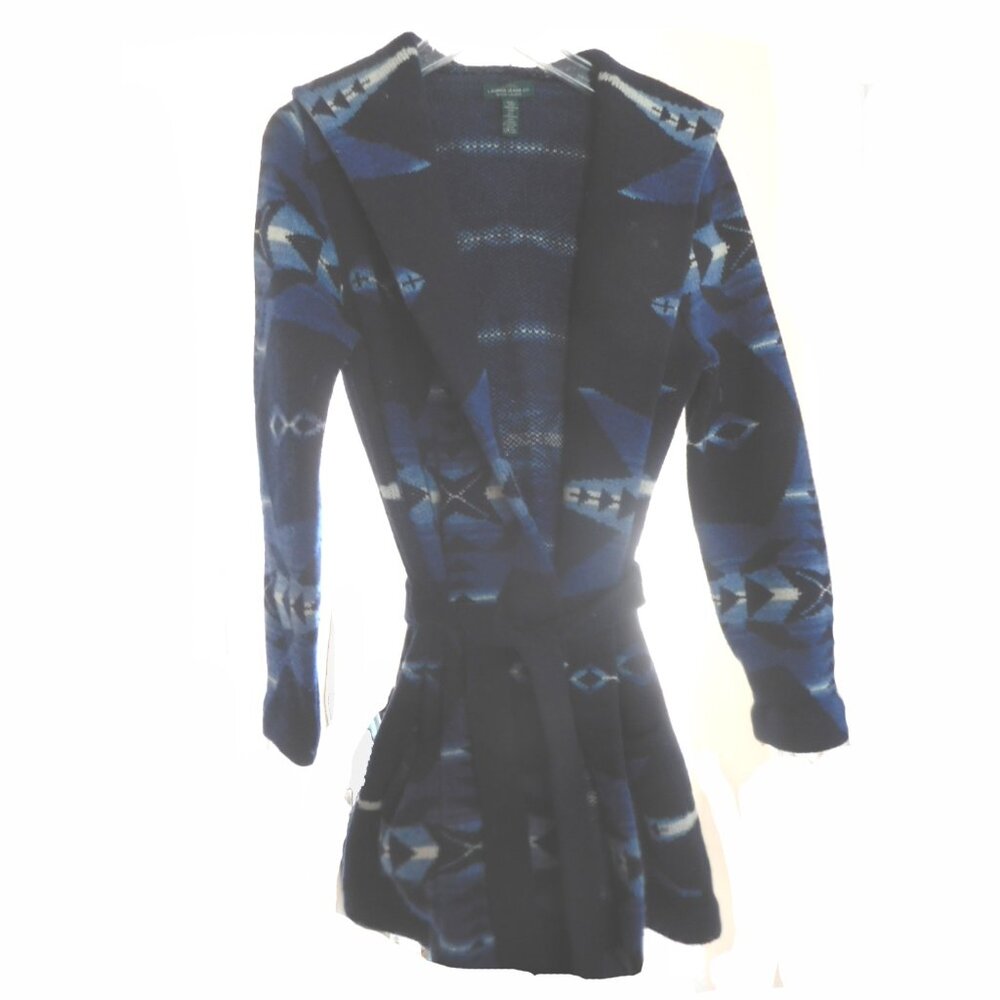 LAUREN RALPH LAUREN BLUE WOOL HOODED SOUTWEST BELTED SWEATER